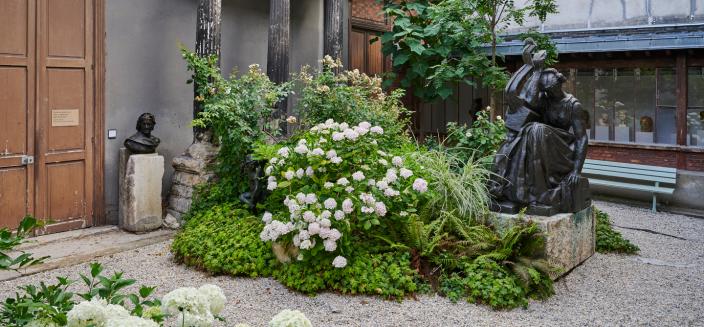 Amourette émergeant du tapis de géraniums et Sapho à l'ombre du savonnier de Chine et du paulownia