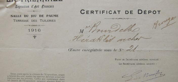 Certificat de dépot d'oeuvres de Bourdelle à la triennale d'Art Français de 1916